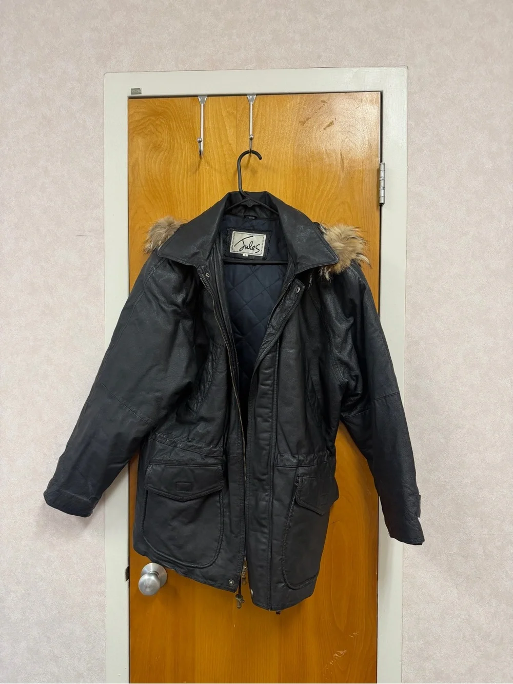 Joules Black Leather Parka with Faux Fur Trim